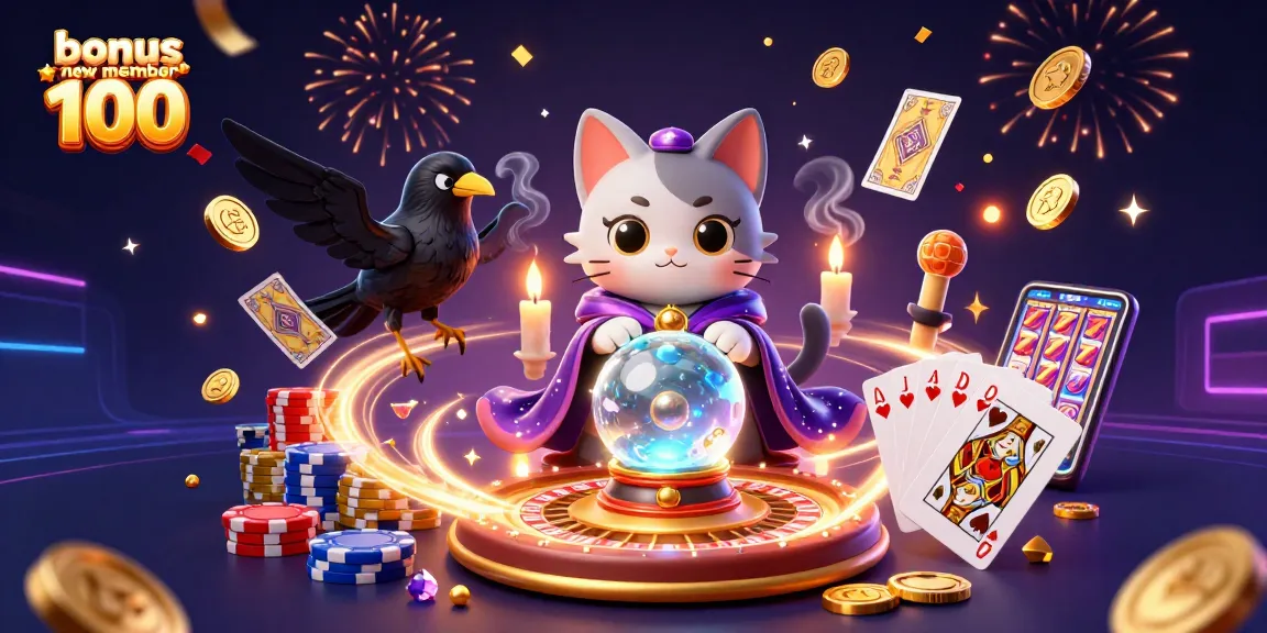 Experience the excitement of bonus new member 100 with a fortune teller cat, a tarot raven, and vibrant casino elements.