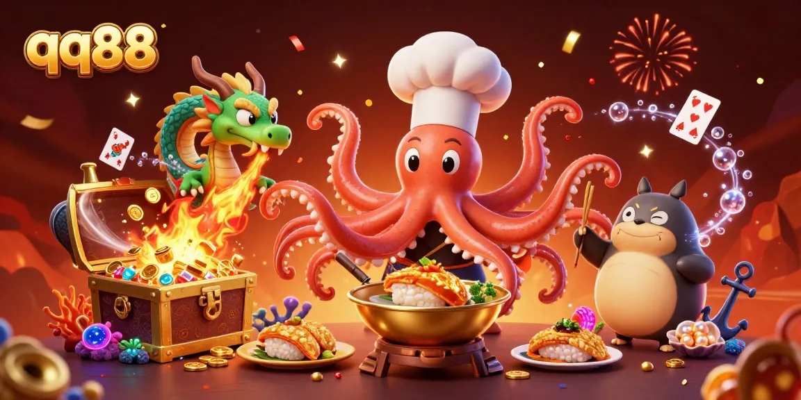 Experience the thrilling qq88 casino adventures with a vibrant, dynamic illustration featuring cartoon characters and exciting game elements.