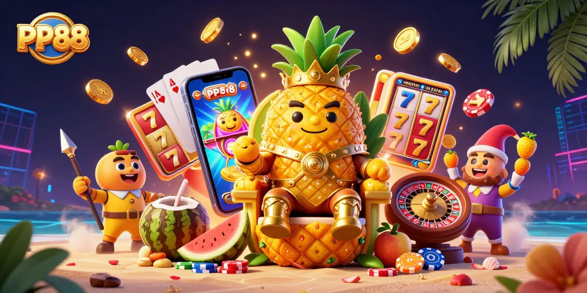 Engage with PP88's vibrant casino scene filled with golden coins, slot games, and rich characters.