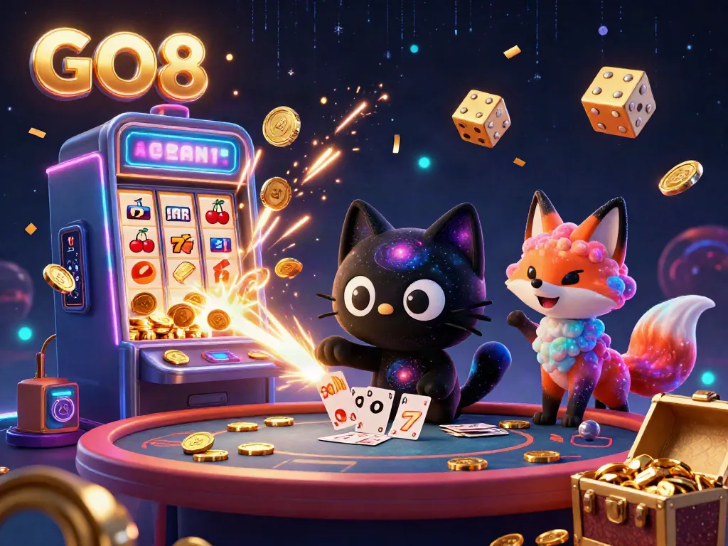 Experience GO8’s cosmic casino adventure with a black hole cat and colorful fox, amidst a dynamic jackpot scene.