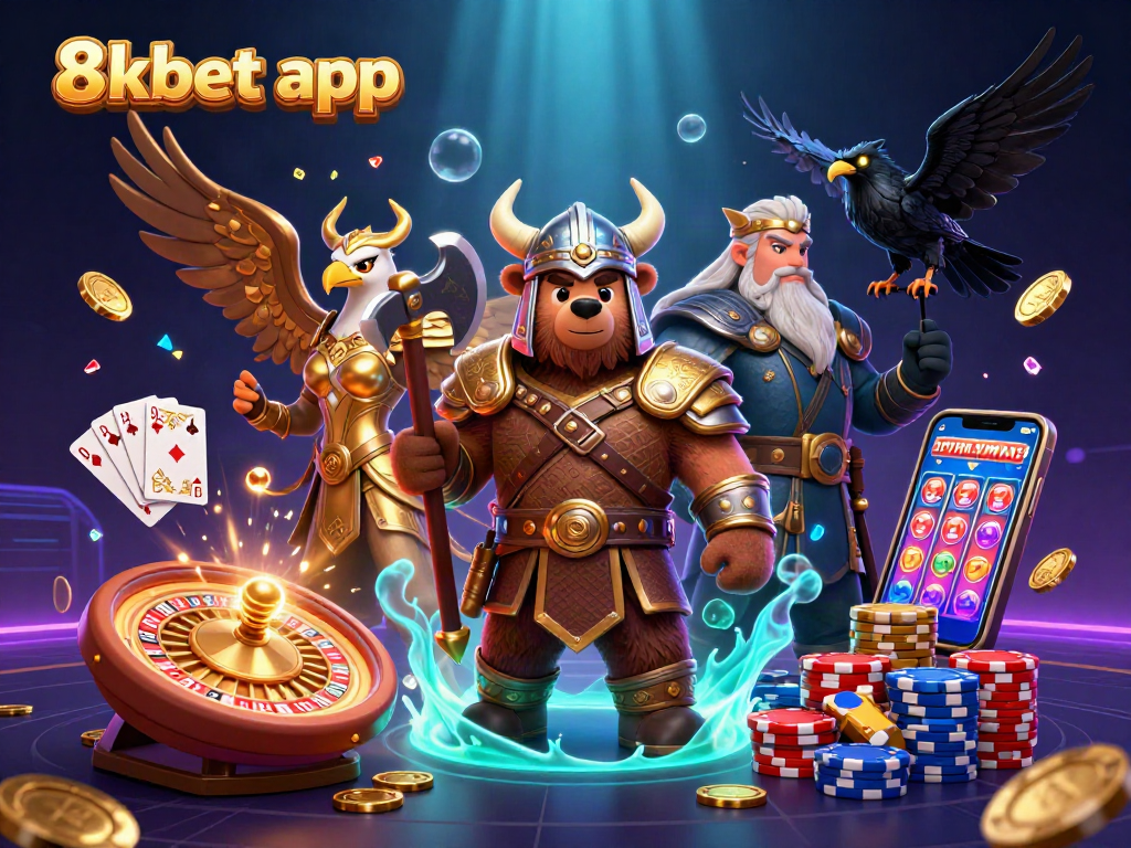 Cascade of winning elements in the 8xbet app: Viking bear, Valkyrie eagle, and golden coins.