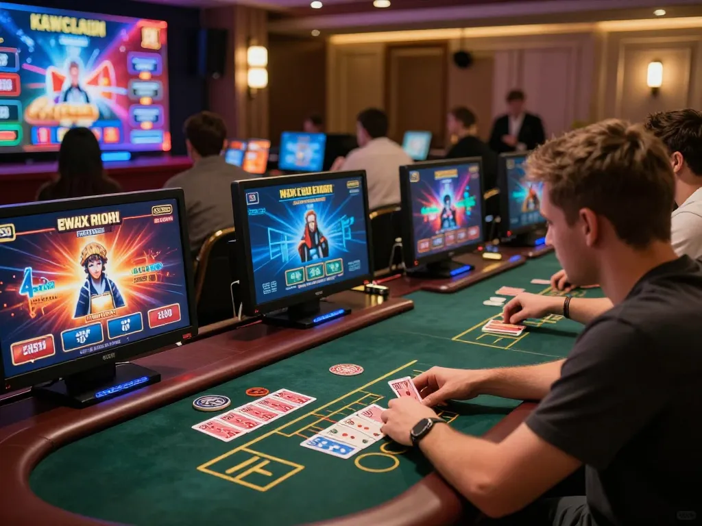B52club players engaged in strategic online gambling, analyzing cards and betting options