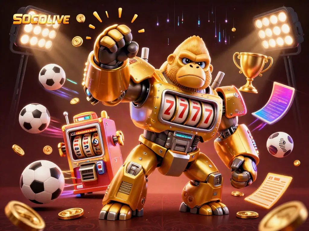 SOCOLIVE showcases a dynamic 3D gorilla mech in action, surrounded by sports elements, representing a vibrant betting scene.
