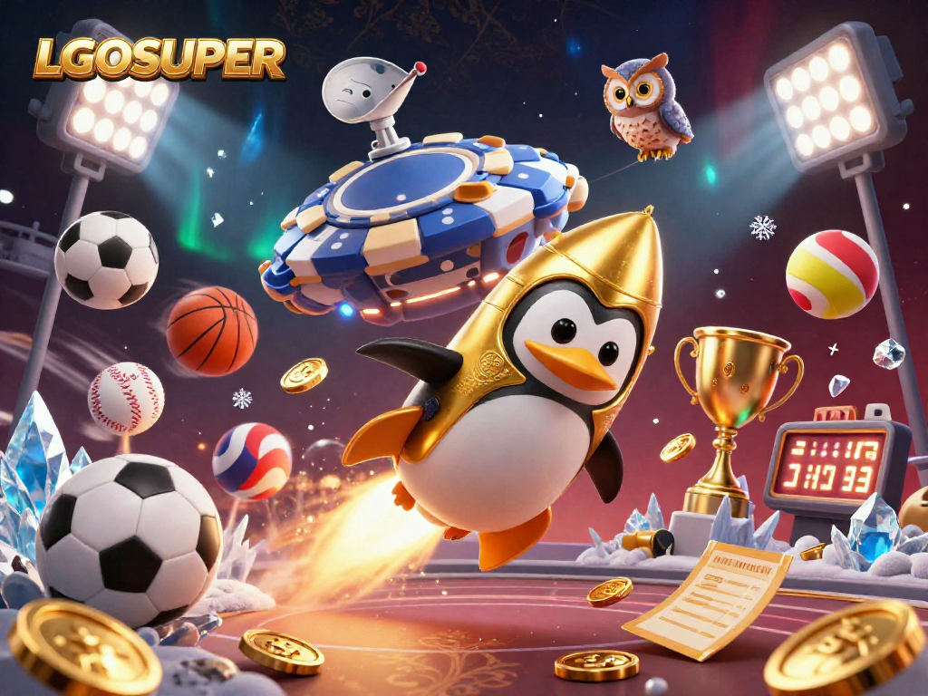 Betting on LGOSUPER with a dynamic golden penguin and casino elements in a captivating 3D illustration.