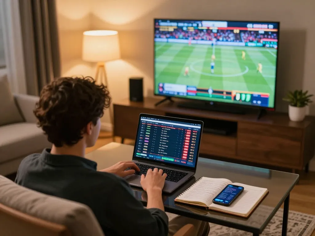 Tỷ lệ kèo nhà cái 5 displayed on a laptop during an intense sports betting session at home