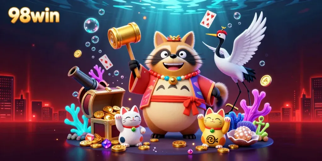 Join the exciting world of 98win with tanuki and fortune cats amid vibrant casino treasures.