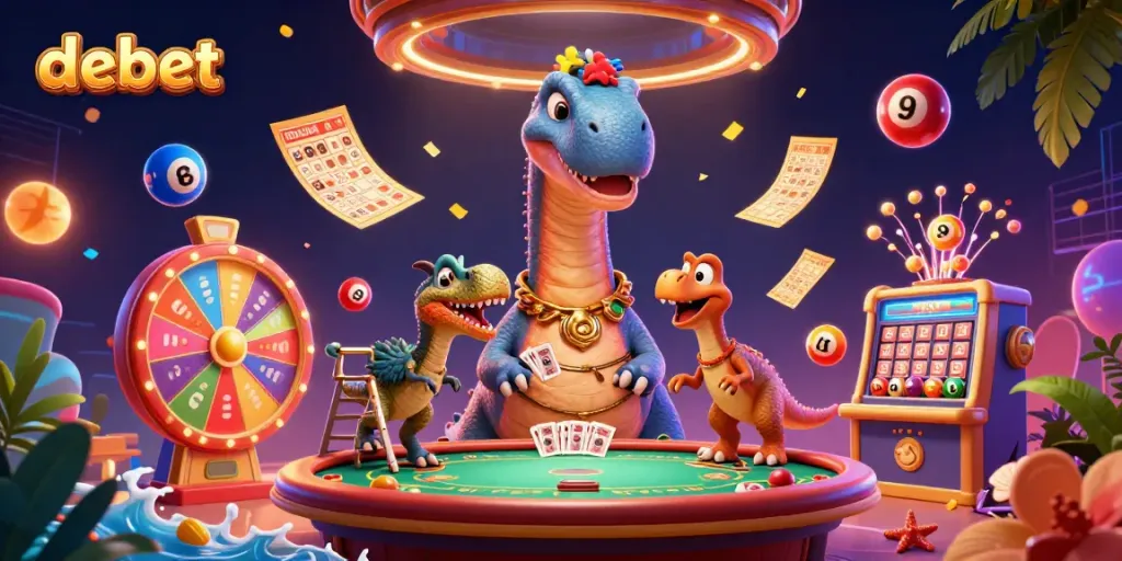Experience debet gaming excitement with a whimsical scene featuring a brontosaurus, raptor dealer, and vibrant casino elements.