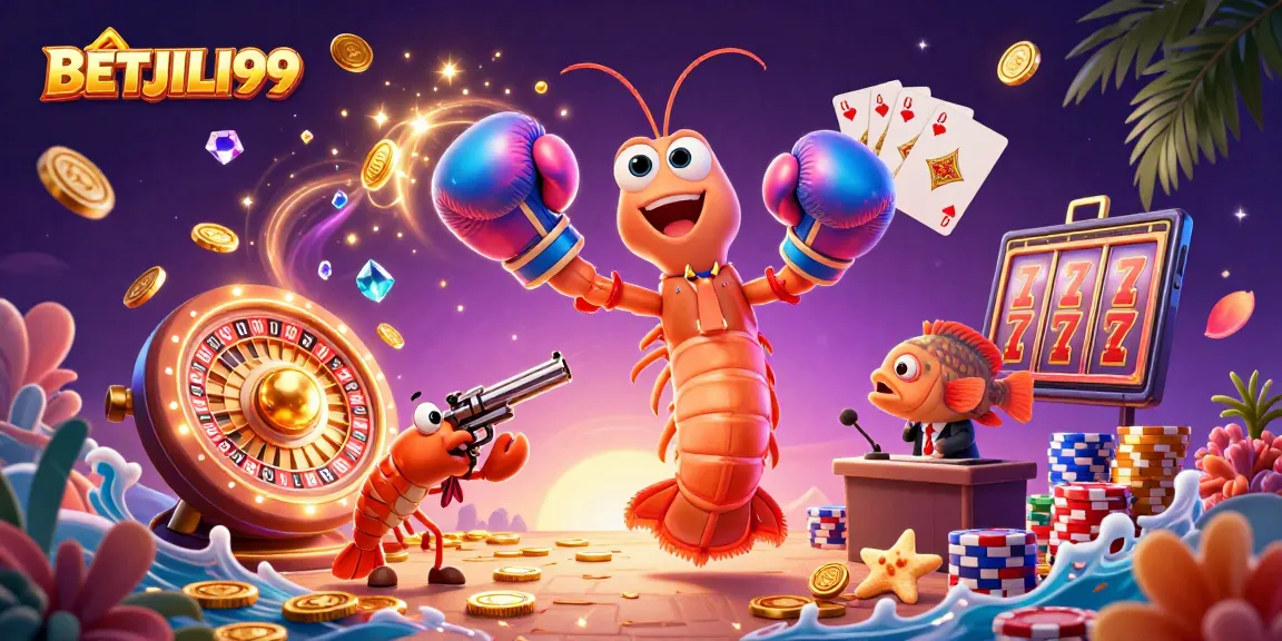 Play slots and win big at BETJILI99, featuring vibrant casino action with shrimp mascots.