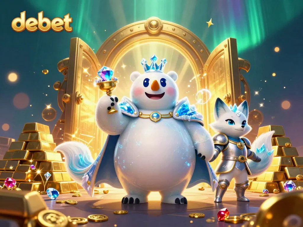 Experience the thrill of debet through a vibrant 3D scene with majestic characters and treasures.