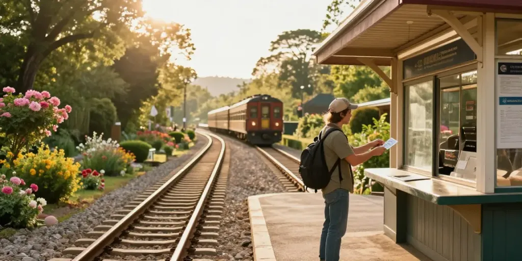 Buy train tickets at a charming train station surrounded by nature, perfect for travel adventures.