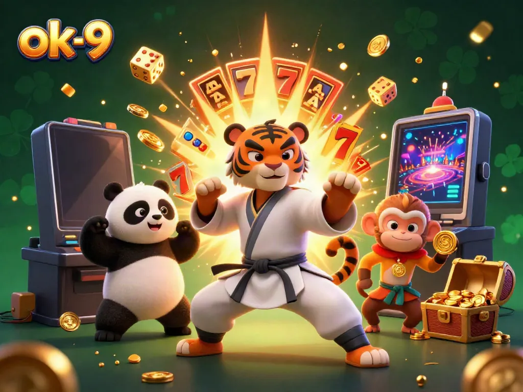 Spin the reels at ok-9 with a fun illustration of a kung fu tiger master and his students amidst exploding jackpots and vibrant casino elements.
