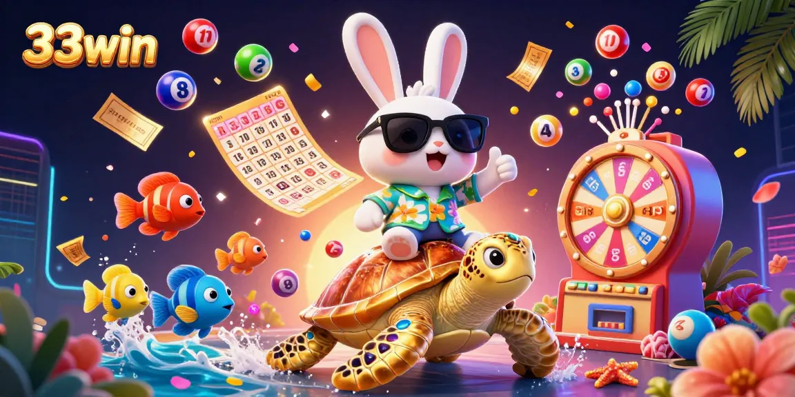 Experience thrilling games at 33win with this vibrant illustration of a lucky rabbit and golden sea turtle in a casino atmosphere.