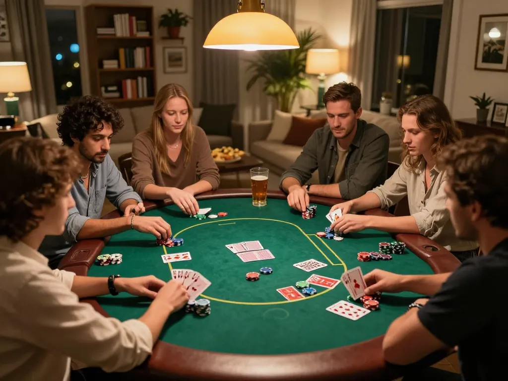 Players enjoy a thrilling home poker night with Bet88, showcasing social interaction and strategic gameplay.