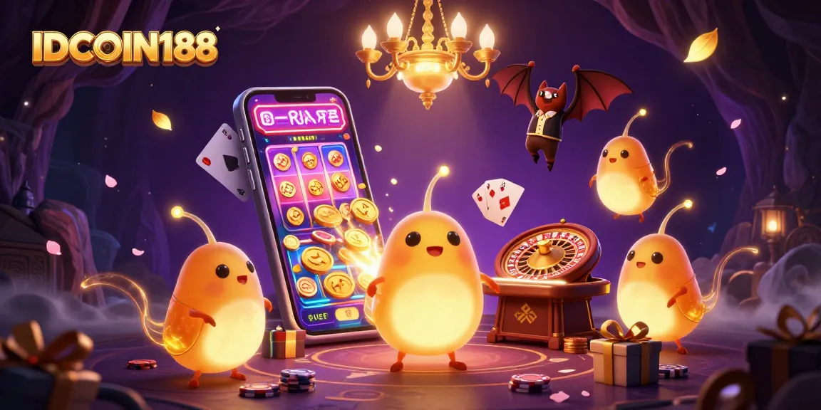 Engage with the IDCOIN188 casino in a captivating glowworm-lit cave scene filled with vibrant gaming elements.