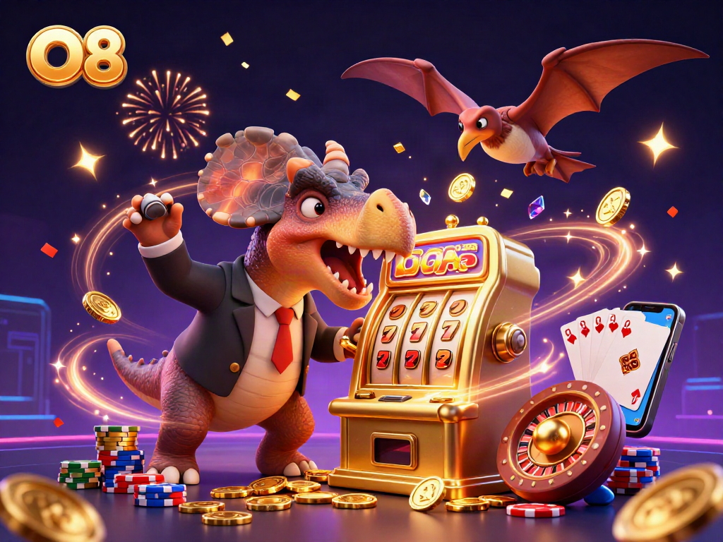 O8 casino illustration with a pachycephalosaurus hitting a slot machine for jackpot coins.