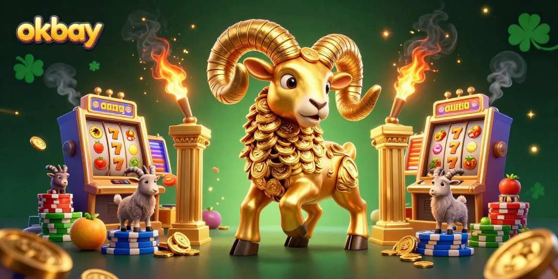 Experience the thrill of winning at okbay with a dynamic 3D casino scene featuring golden ram and slot machines.