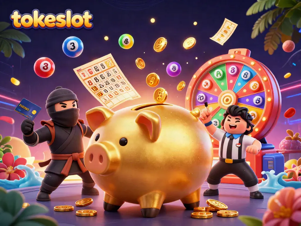 Experience the exciting world of tokeslot with a dynamic scene featuring a golden piggy bank wrestler surrounded by colorful game elements.