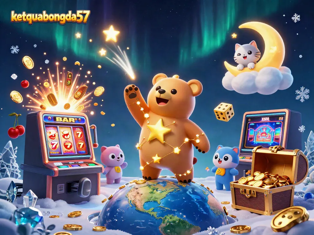 Experience the excitement with ketquabongda57 as a celestial bear scoops up coins amidst vibrant jackpot symbols and colorful casino elements.