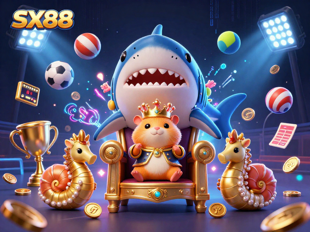 SX88 invites players to seize thrilling gaming opportunities with a golden hamster king ruling over a vibrant 3D casino scene.