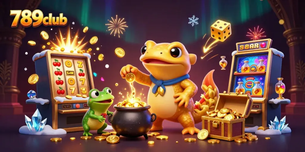 Engage with 789club's thrilling gaming world featuring golden coins, vibrant slot machines, and interactive casino scenes.