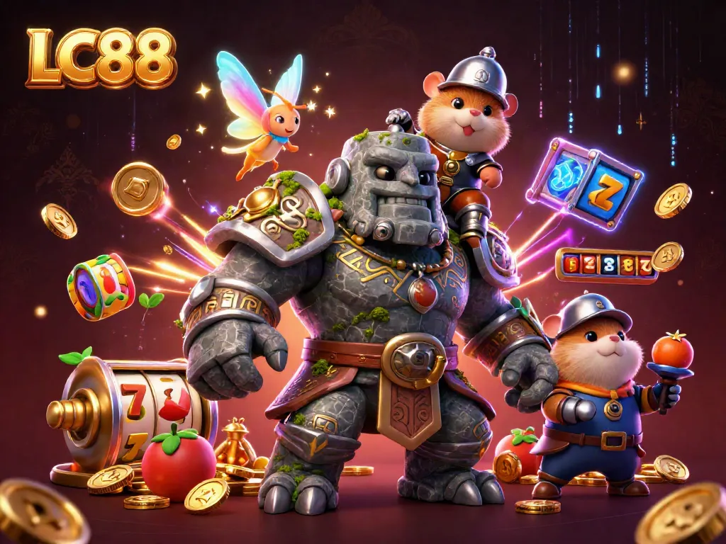 Engage with the exciting world of LC88 as ancient guardians, a fairy, and a hamster knight come to life amidst casino elements.