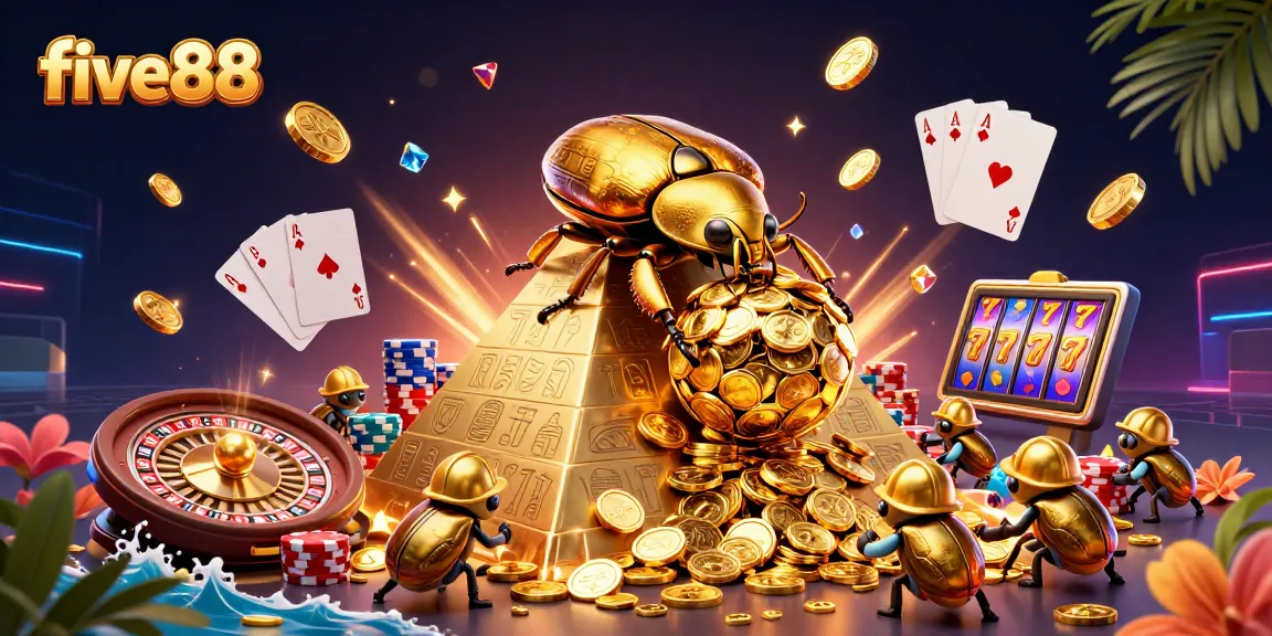 Experience thrilling wins at five88 with vibrant casino action featuring gold coins, roulette, and playing cards.