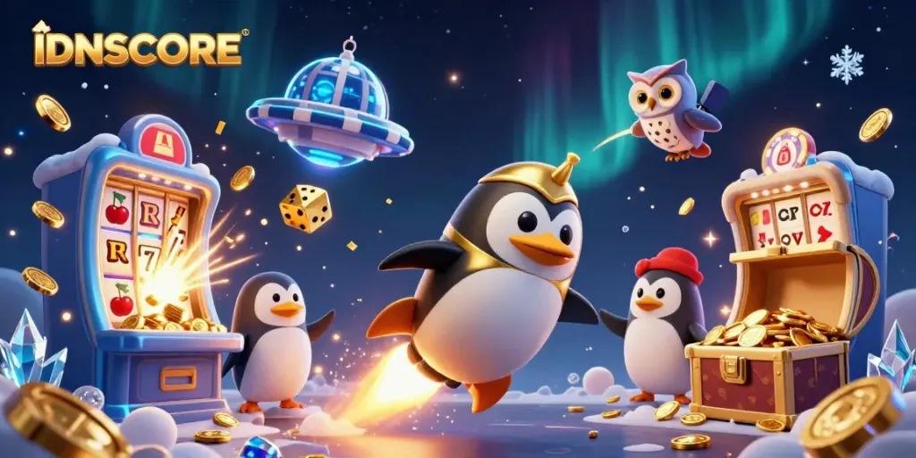 IDNSCORE illustrates a penguin rocket and casino scene packed with vibrant gambling elements.