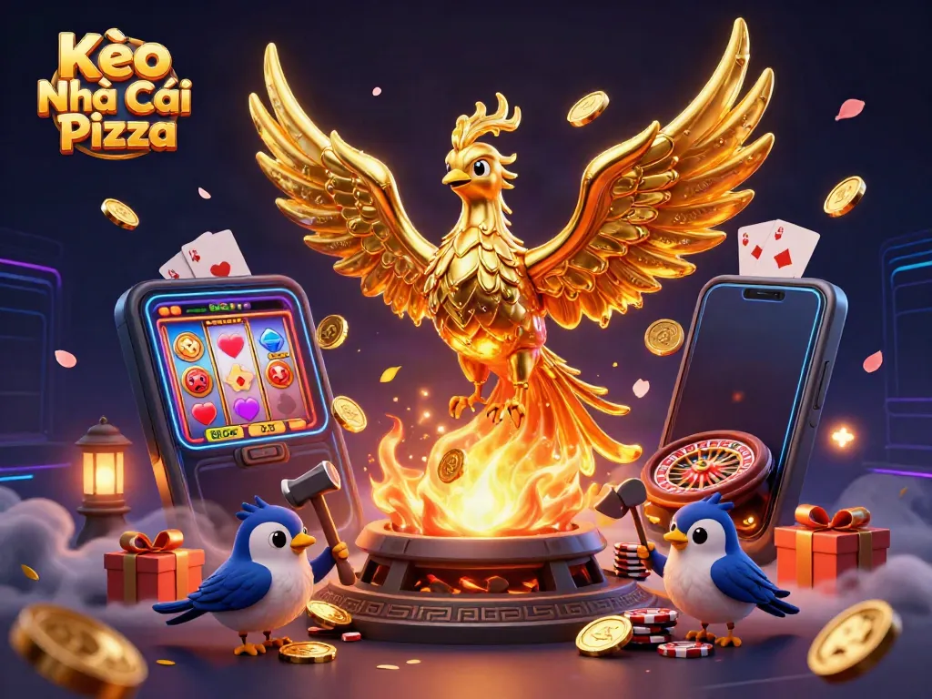 Experience the thrill of Kèo Nhà Cái Pizza with a dynamic golden phoenix and vibrant gambling elements.