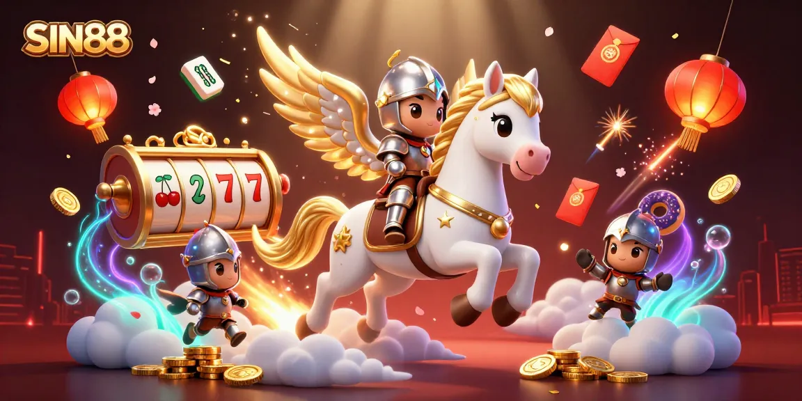 SIN88 casino illustration featuring a celestial horse and knight amidst vibrant slot game symbols.