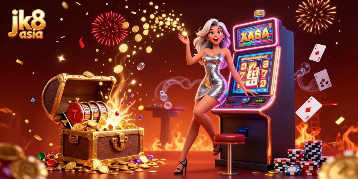 Play exciting games at jk8 asia, featuring a celebration around a slot machine with vibrant casino elements and fireworks.