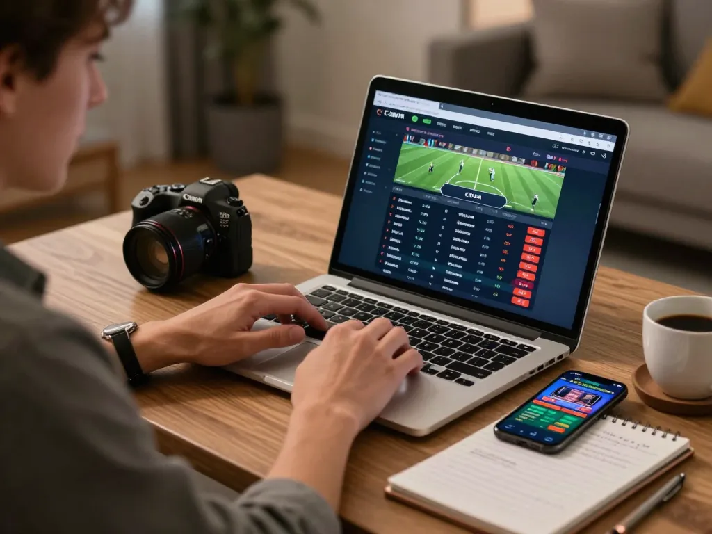 IDNSCORE RESMI betting on sports through a laptop in a stylish home office, showcasing strategic gameplay.