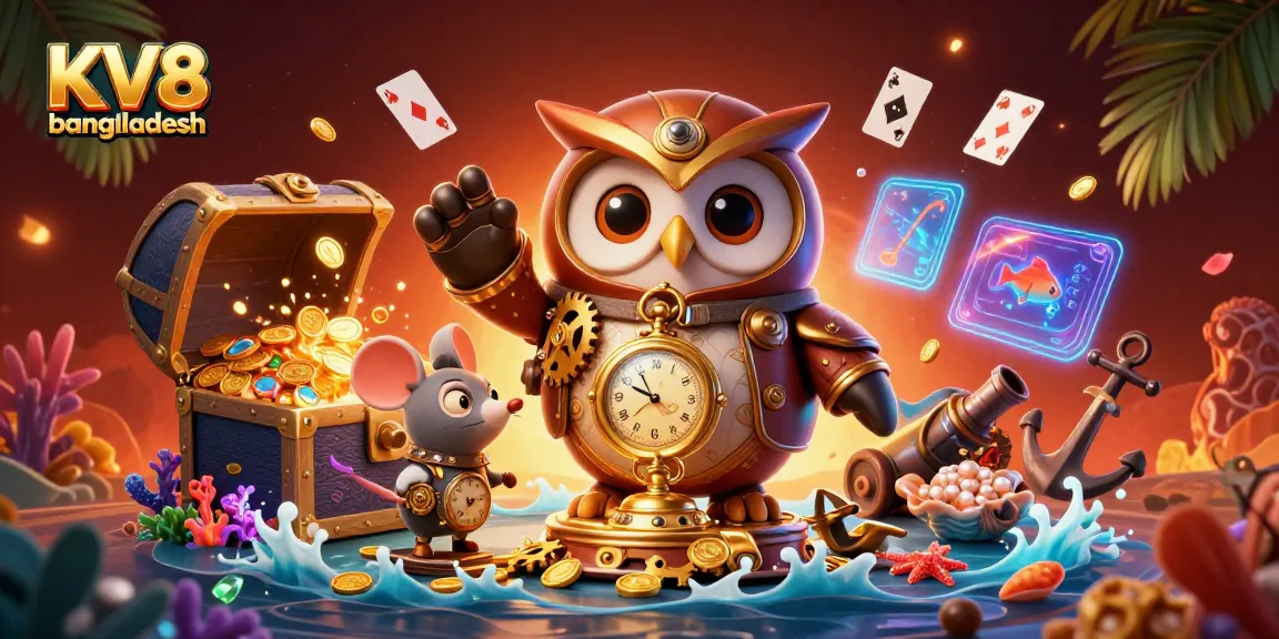 Experience the thrill of KV8 bangladesh with a vibrant 3D casino scene filled with treasure and excitement.