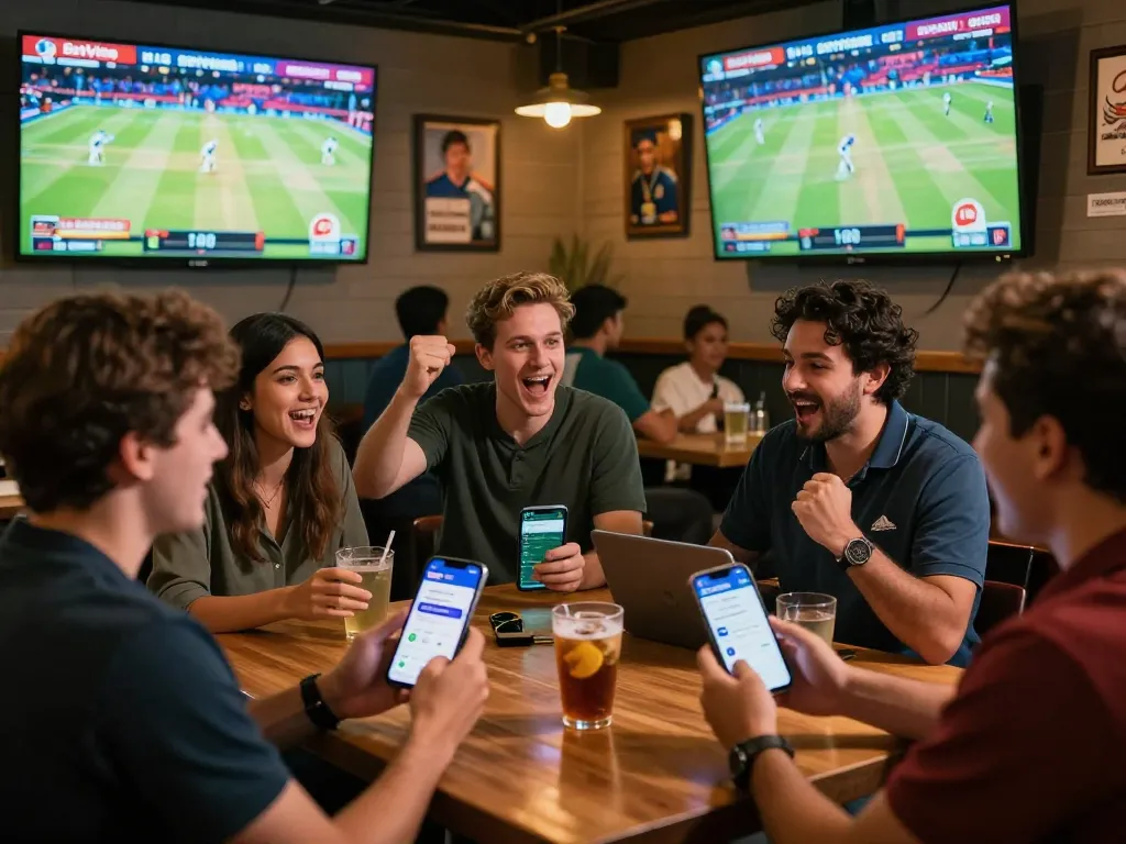 BetVisa cricket betting scene with enthusiastic bettors enjoying live matches and using the app for betting.