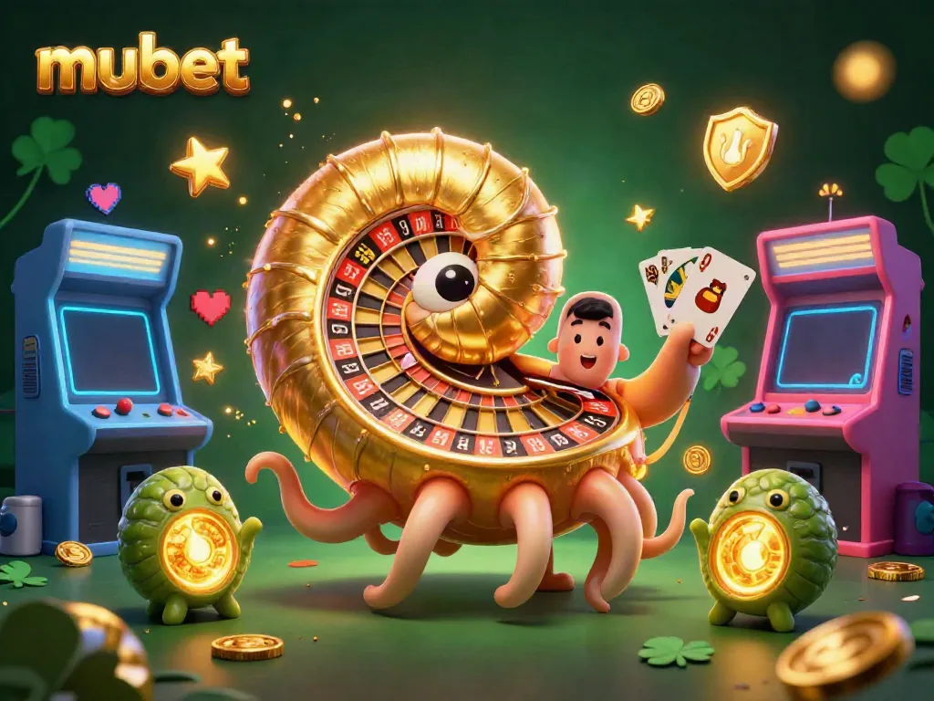 Mubet casino illustration featuring a giant nautilus as a roulette wheel surrounded by gaming elements and cards.