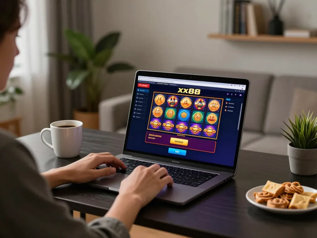 Experience online gambling at xx88 with a cozy home setup showcasing live gaming.