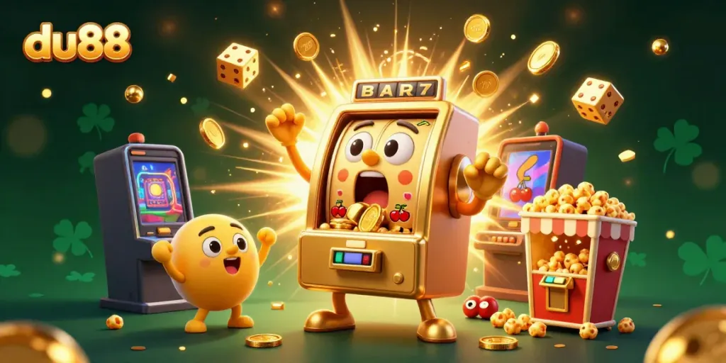 Experience thrilling wins at du88 with a dynamic scene showcasing a vibrant 3D golden slot machine hitting a jackpot.