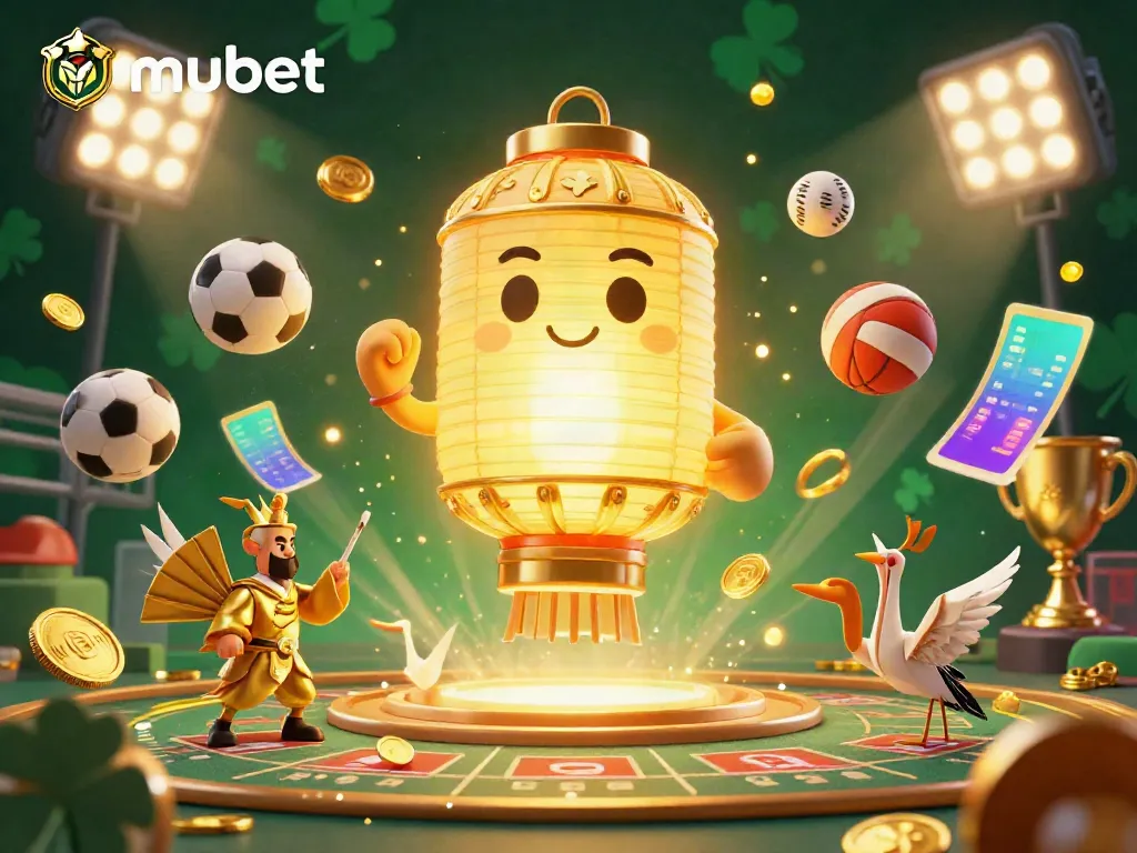 Experience dynamic sports betting action with mubet's vibrant 3D casino illustration featuring lucky symbols.