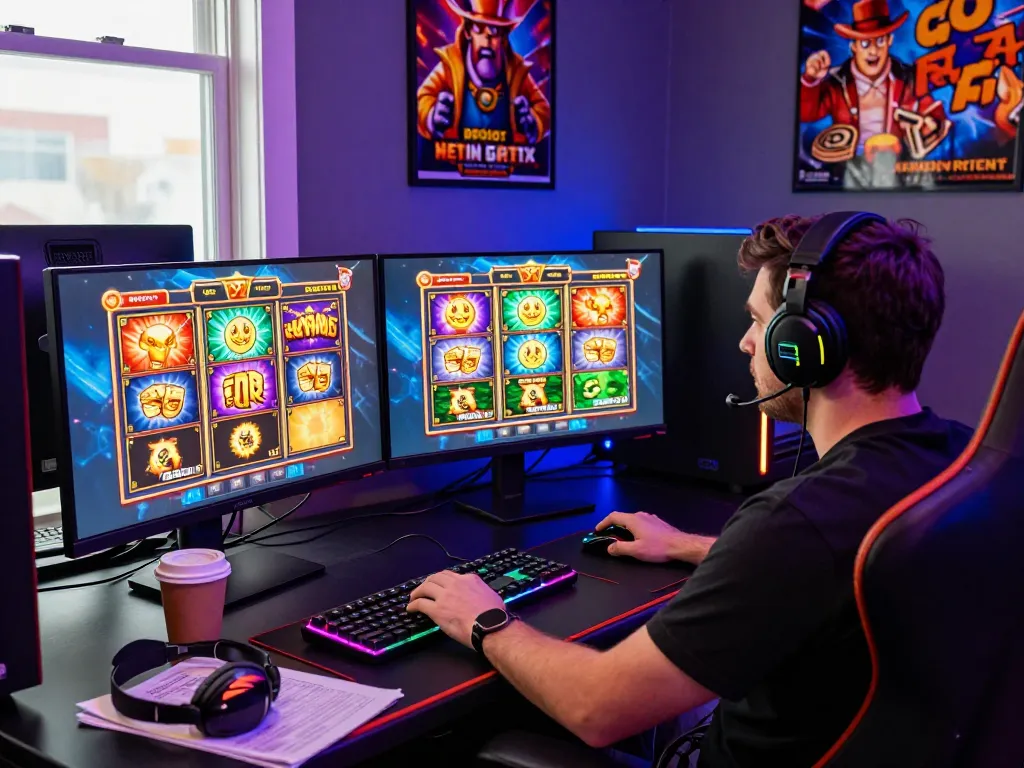 Player enjoying gaming session at vegasslot77.com with dual monitors, vibrant visuals, and modern setup.
