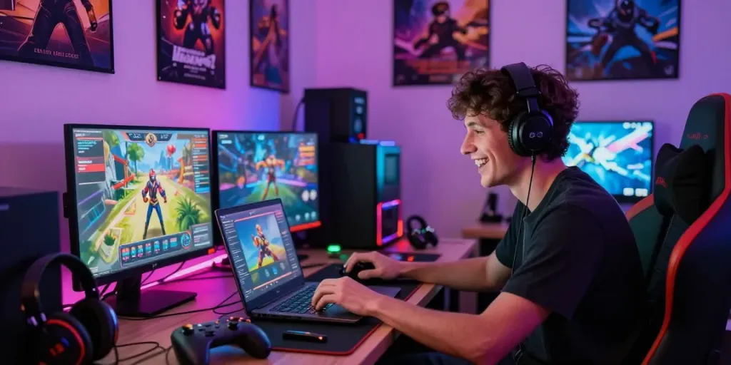 Pengalaman bermain yang dinamis di https://Emon777.com dengan perangkat gaming dan suasana menyerupai arena permainan.
