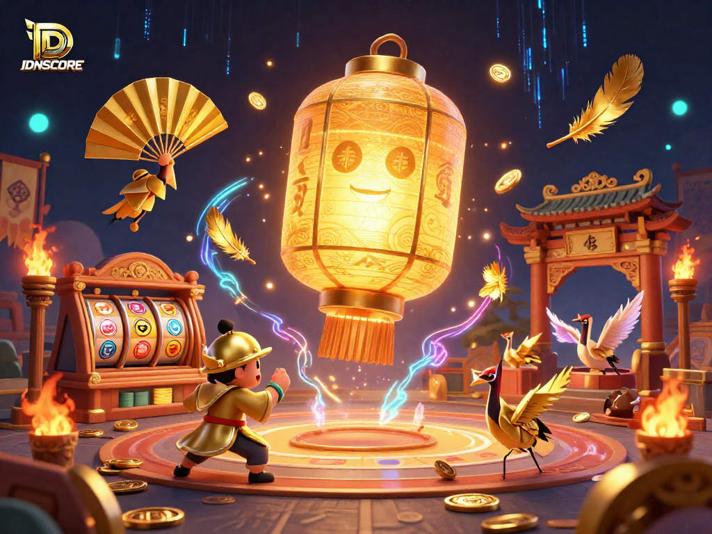 Engage with IDNSCORE's exciting slot loyalty point event, featuring a vibrant scene with golden lantern and casino elements.