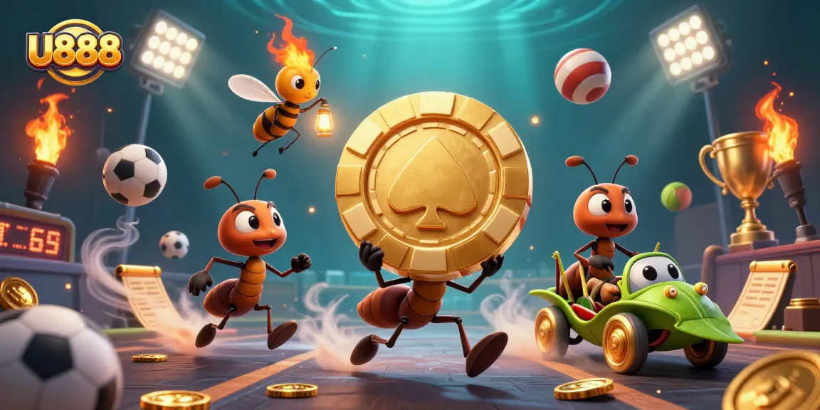 Engage with thrilling U888 action from a heist scene featuring ants and sports elements.