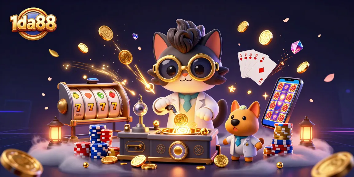 Win big with 1da88's mad scientist cat crafting gold-coin machines in a vibrant casino scene.