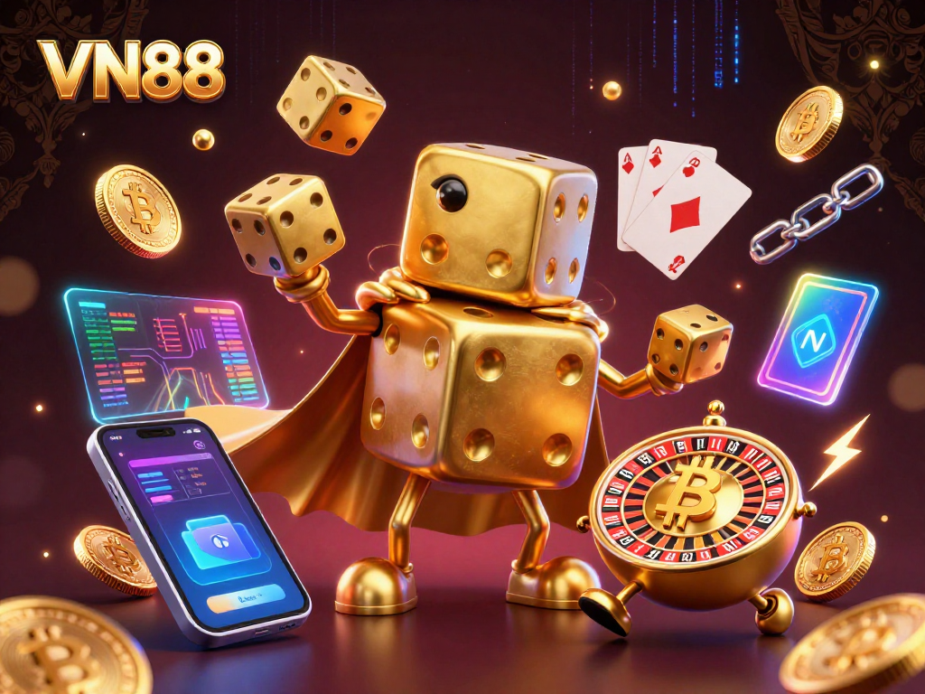 Players enjoy VN88's immersive gaming experience with gold dice golem and crypto elements.