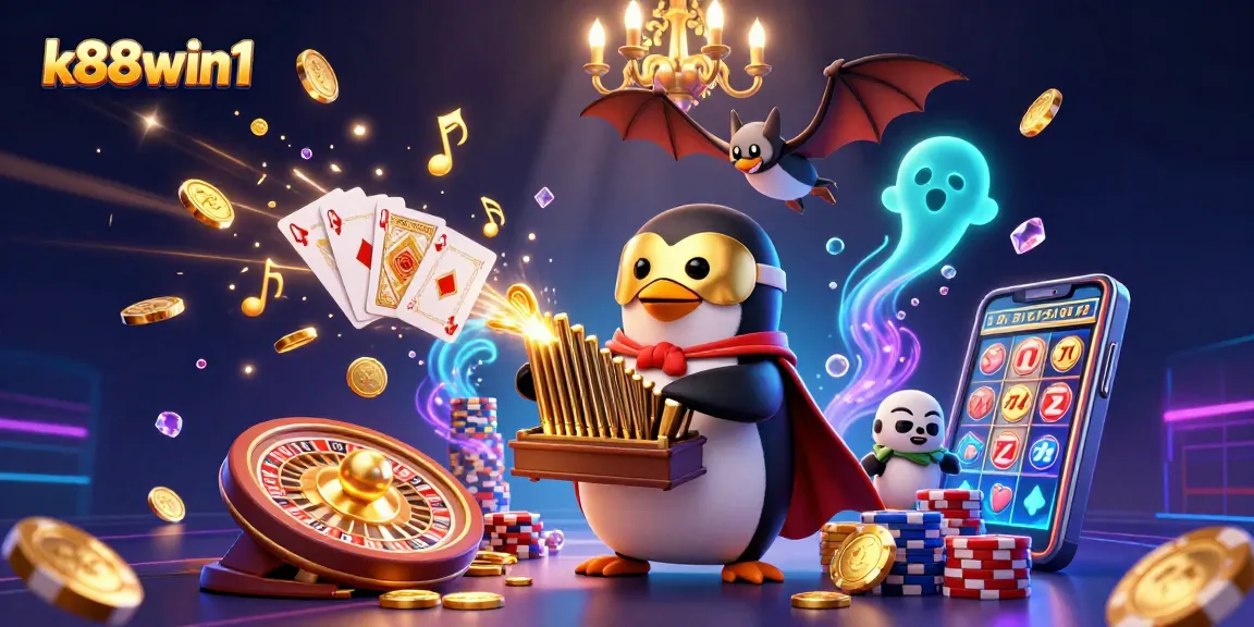 K88win1 delights players with a vibrant 3D casino scene featuring a penguin organist and golden coins.