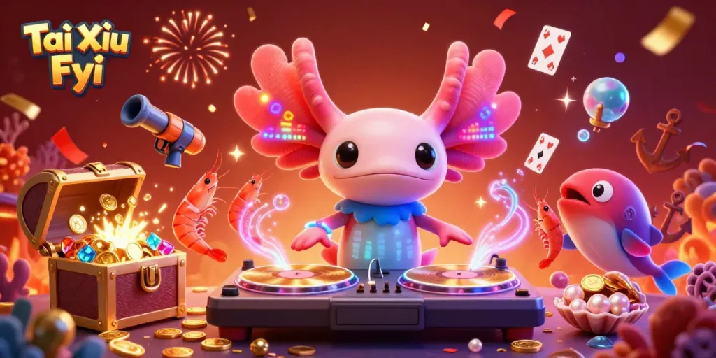 Tài Xỉu Fyi casino scene showcasing an axolotl DJ, dancing shrimp, and a vibrant underwater setting.