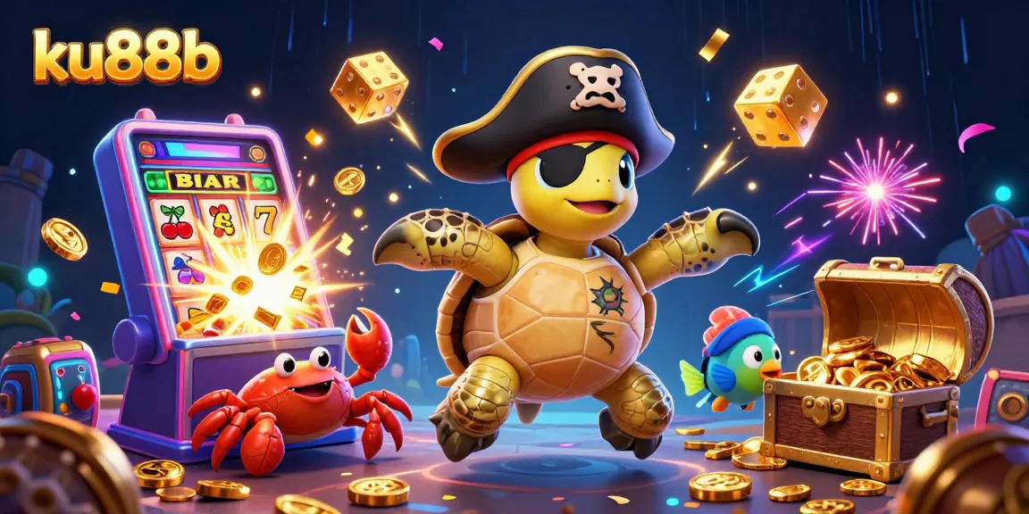 Engage with ku88b's dynamic casino adventure featuring a slot machine and pirate characters.