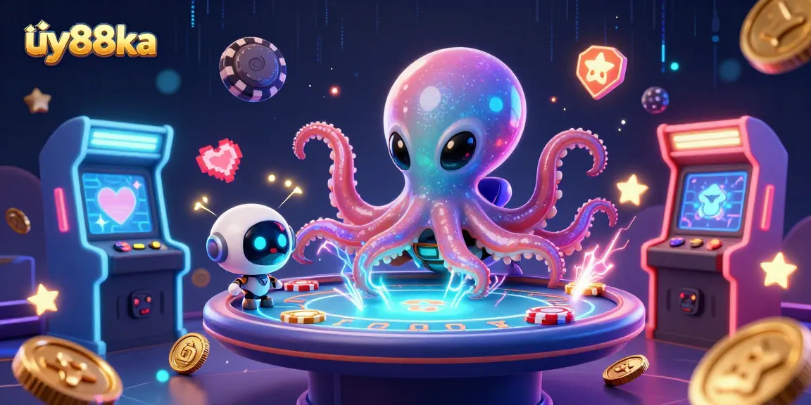 Experience thrilling poker action at uy88ka with a vibrant alien octopus and robot in a cosmic casino.