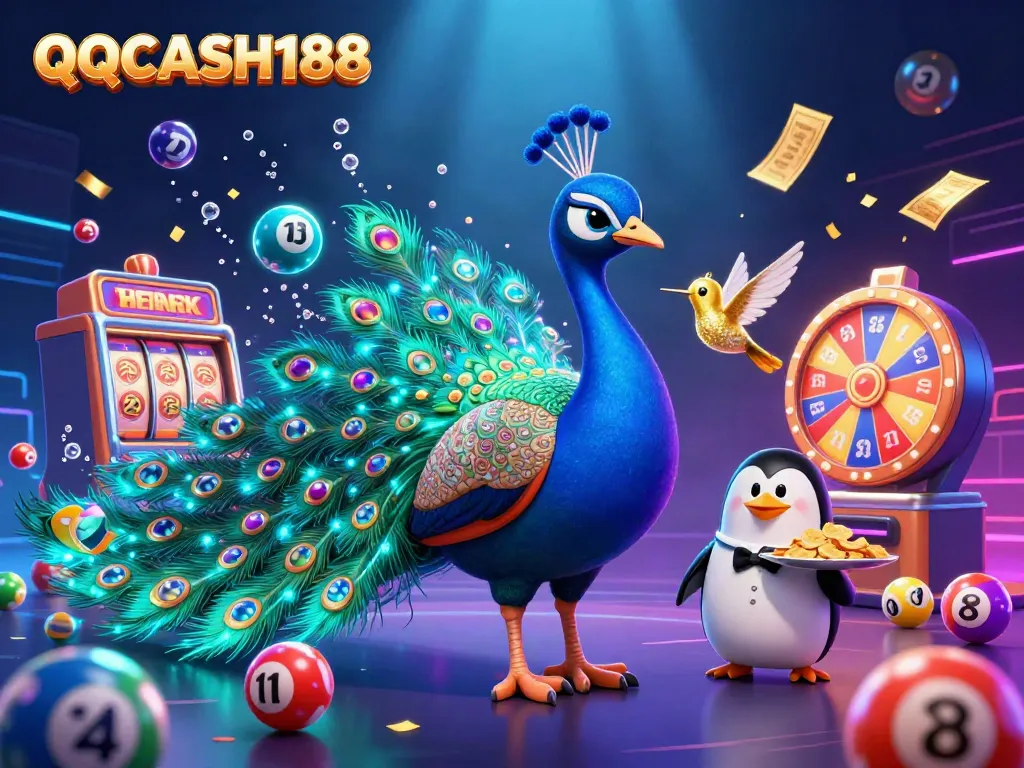 Engage with QQCASH188's vibrant gaming scene featuring a cartoon peacock and a dazzling display of colorful gaming elements.