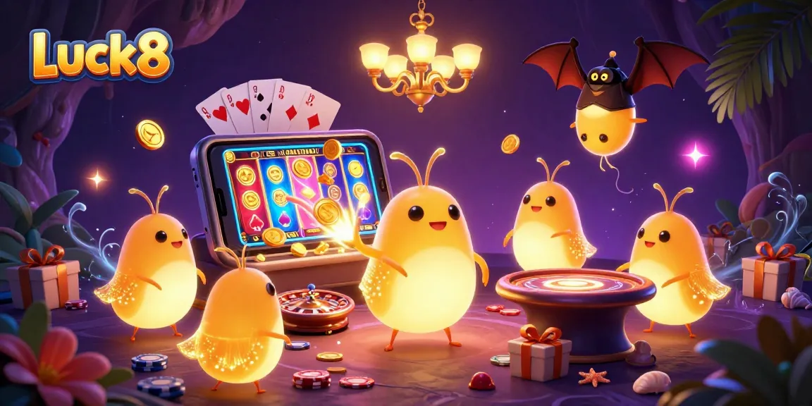 Experience the excitement of Luck8 casino games with animated glowworms lighting a vibrant cave casino scene.