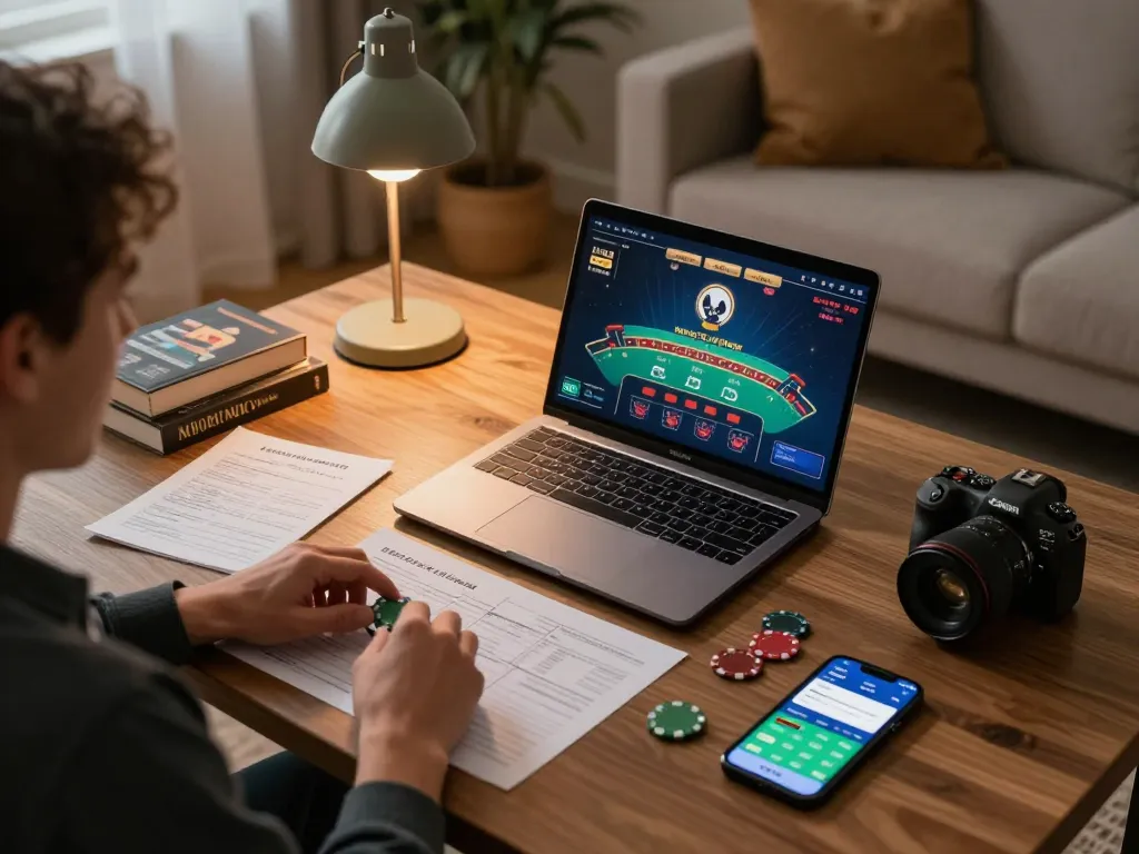 Player enjoying blackjack on calzadagallery's online gaming platform, showcasing strategic gameplay and cozy ambiance.